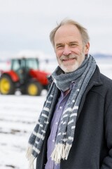 Man with scarf standing in snowy field with red tractor in background