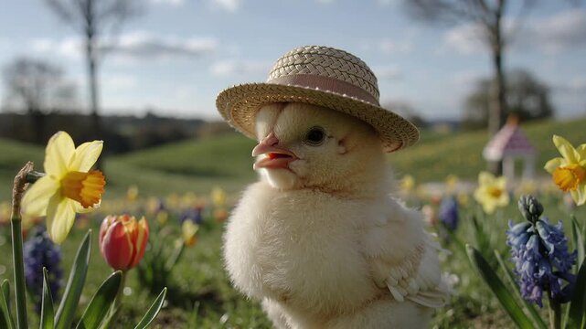 chick wearing straw hat stands in flower meadow, slight motion while wind sways blooms, cheerful happy static shot by Generative AI
