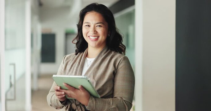 Woman, tablet and smile with face at office, notification or deal in corridor at real estate company. Person, realtor and property developer on tech, app or happy for proposal at agency in Indonesia