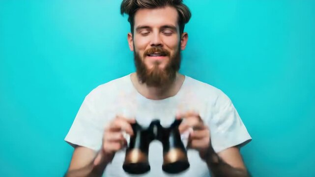 A man looking through binoculars with a surprised expression.