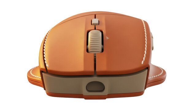 Ergonomic orange computer mouse isolated PNG on transparent background, wireless input device for graphic design and office use