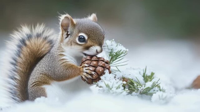 Cute squirrel nibbling on a pine cone with snow-covered coniferous needles behind it.