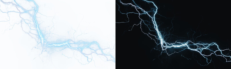 Dynamic blue lightning strikes with incredible energy against a dark and transparent background. © Alehandro