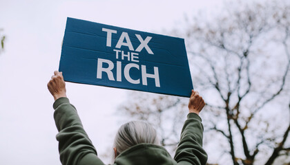 Tax the rich protest sign, wealth inequality, economic justice and social movement