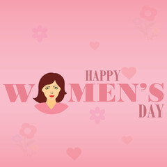 Pink banner with hearts and flowers, head of a woman and the message Happy Women&rsquo;s day