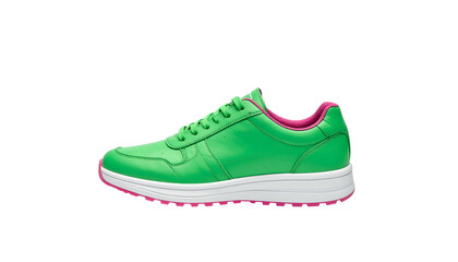 A vibrant, sporty sneaker in bright green with a white sole, and pink accents, displayed in profile on a black background