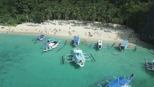 Aerial drone pullback revealing Seven Commandos Beach with palm trees and turquoise water in El Nido