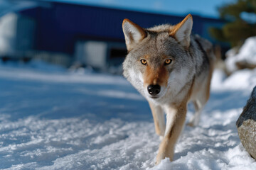 Fototapeta premium A striking coyote strides through a serene snowy landscape, showcasing its natural instincts and beauty amidst the stark winter scenery, capturing attention effortlessly.