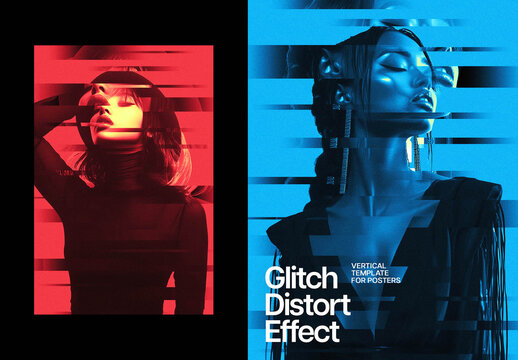 Glitch Distort Poster Photo Effect Mockup