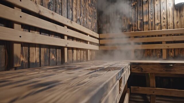 Interior of a wooden sauna with thick steam rising. Hot vapor swirling over empty benches in a spa room. Wellness and relaxation concept
