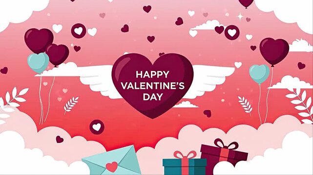 Happy Valentines Day greeting card with hearts, gifts, and romantic elements, flat vector illu