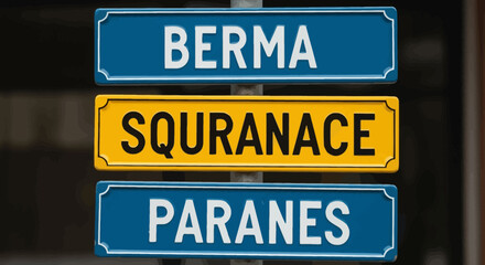 70 Street signs with foreign language text berma squranace paranes displayed prominently against a dark background 150