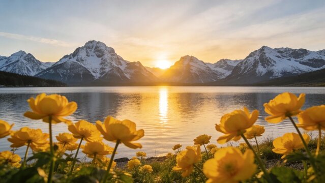 Sunset with yellow flowers and snow mountains - Powered by Adobe