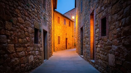 Fototapeta premium Serene Cobblestone Street in an Ancient Village at Dusk With Warm Light Glowing From Windows and Soft Shadows on Stone Walls