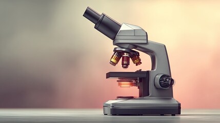 Fototapeta premium Modern microscope with multiple lenses placed on a laboratory table for scientific research focused on biology and life sciences in natural light