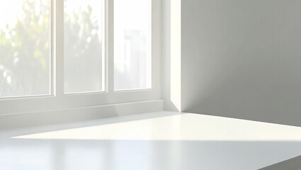 Empty white desk with natural morning sunlight and bokeh green nature background