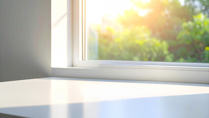 Bright sunlit white table surface against blurred window with garden view.