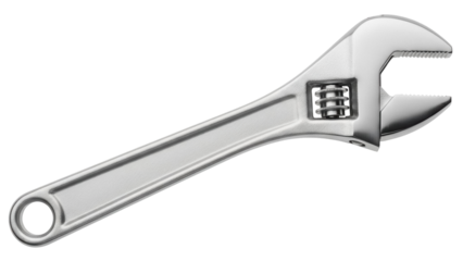 Adjustable wrench isolated PNG on transparent background, silver metal spanner tool for construction and repair work
