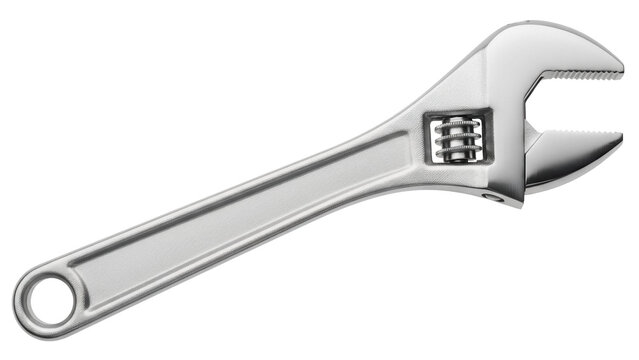 Adjustable wrench isolated PNG on transparent background, silver metal spanner tool for construction and repair work