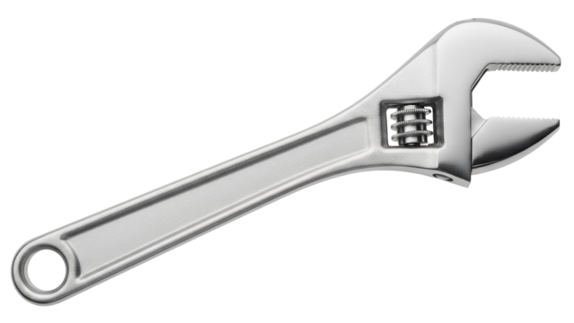 Adjustable wrench isolated PNG on transparent background, silver metal spanner tool for construction and repair work - Powered by Adobe