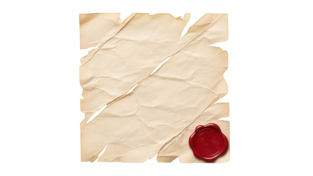Old parchment paper with red wax seal isolated PNG, vintage document with torn edges on transparent background for design and scrapbooking