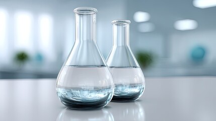 Two Transparent Laboratory Flasks Filled with Clear Liquid on a Modern Scientific Workspace for Research and Experimentation