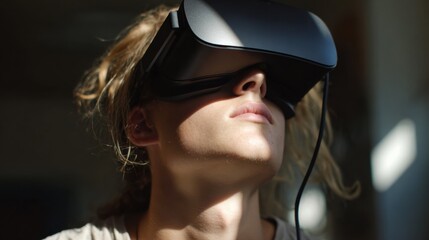 Young student using virtual reality for math exam rehearsal medium shot highlights headset details exam interface subtly out of focus in a calming virtual space.