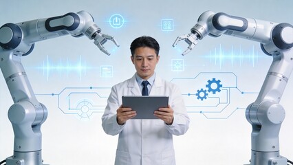 Man in lab coat with robotic arms