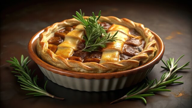 A savory, flaky homemade beef pot pie filled with tender chunks of slowcooked beef and fragrant rosemary, baked to a golden brown perfection in a cla
