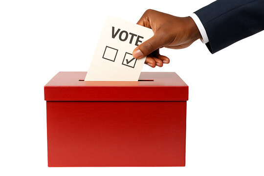 Hand casting vote in ballot box isolated on transparent background