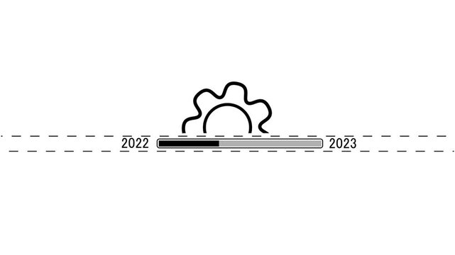 Progress bar from 2022 to 2023 with a gear icon above on a white background loading transition