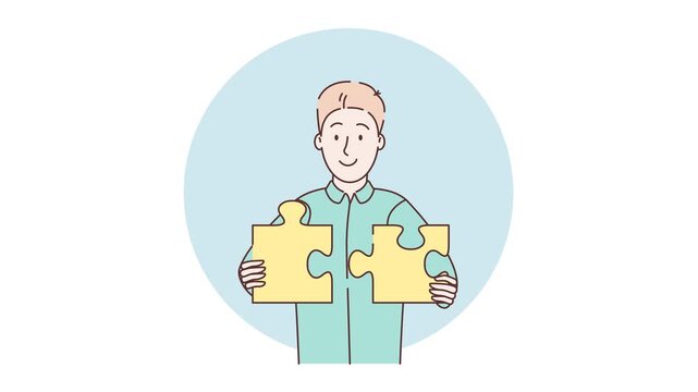 Solving business problem. Man makes puzzles. Idea of successful solution. Brain activity, brainstorming, problem solving, thinking, imagination. Abstract metaphor business concept. 2d flat animation