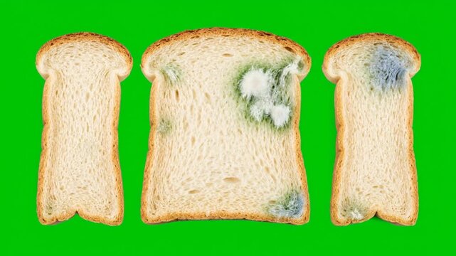 Three slices of bread showing progression of mold growth on green background.