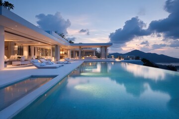 Fototapeta premium Luxury Modern Villa with Infinity Pool at Sunset