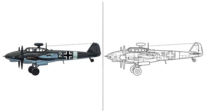 WW2 German Fighter Plane Illustration Featuring Full Color and Precise Line Art Outline