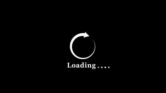 White circular loading spinner with arrow and text " Loading...." on black background circle progress