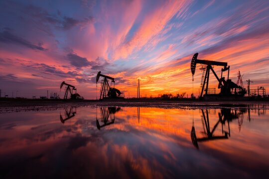 Oil Pump Jacks at Sunset Reflection
