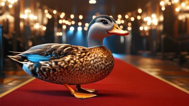 A charming duck stands proudly on a red carpet, its glossy feathers and confident posture ready for the camera flashlights.