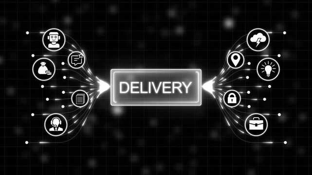 Digital Delivery Network Concept: Global Logistics with Connected Icons and Data Flow on Dark Grid Background