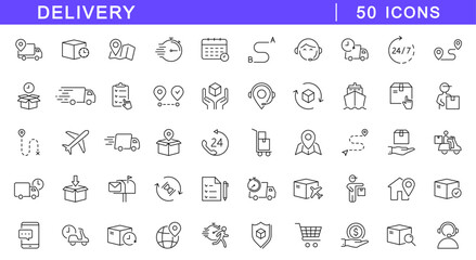 Delivery icon set. Shipping icons in line style. Editable web icons for delivery services, transportation, logistics, package tracking, ecommerce. Vector illustration.