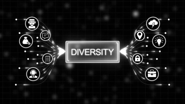 Diversity concept visualized with icons representing different people, ideas, and business, connected to central word