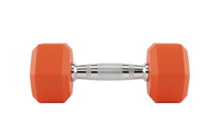 Orange dumbbell isolated PNG on transparent background, fitness equipment for strength training and exercise routines, weightlifting