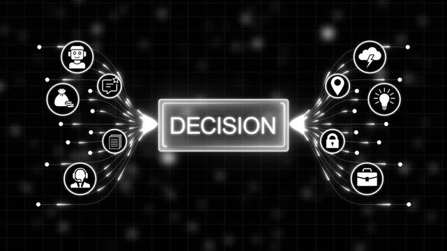 Decision Making Process with Futuristic Interface and Icons on Dark Background