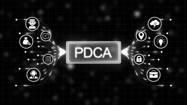 PDCA Cycle with Icons Representing Business Process Improvement on Dark Background