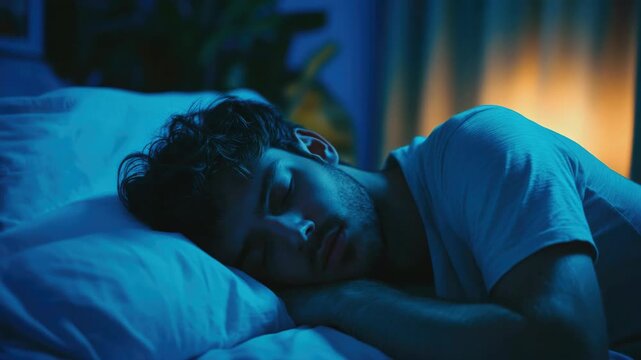 A man sleeping comfortably on a bed at night.