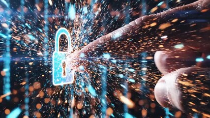 Hand touching digital padlock on futuristic binary code background for cybersecurity concepts - Powered by Adobe