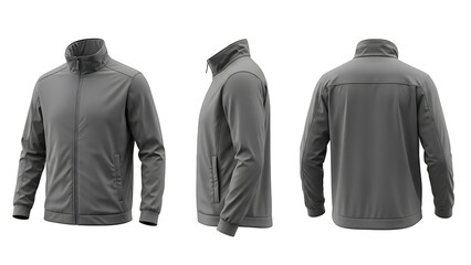 Stylish men's outerwear jacket presented in three distinct views, highlighting its modern design, high collar, and practical appeal for active wear and everyday comfort