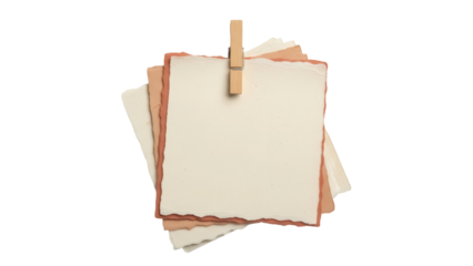 Stack of square paper sheets with rough edges and wooden clip isolated PNG, vintage style memo notes for scrapbook and design use