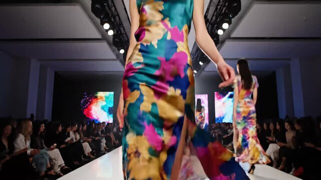 Fashion models walking down runway in colorful dresses at a modern fashion show