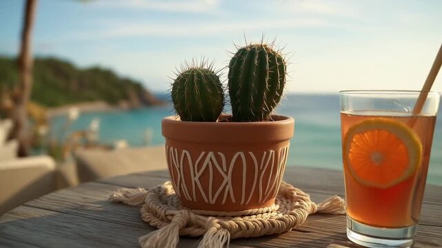 Relaxing beachside scene: Cactus, drink, and beautiful ocean view, perfect getaway